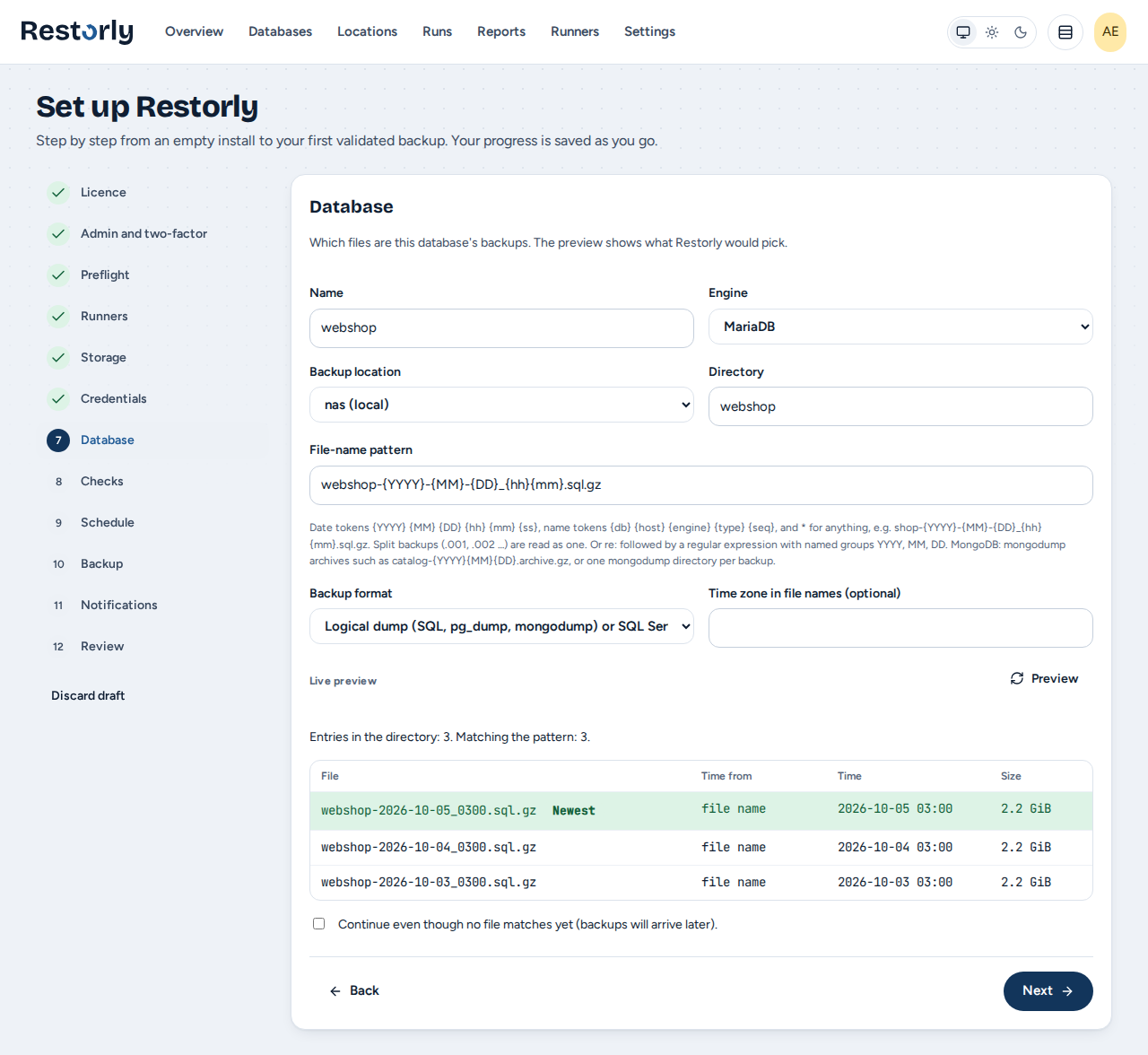 Adding a database: the naming pattern webshop-{YYYY}-{MM}-{DD}_{hh}{mm}.sql.gz and a live preview of the three matching backups, the newest highlighted.